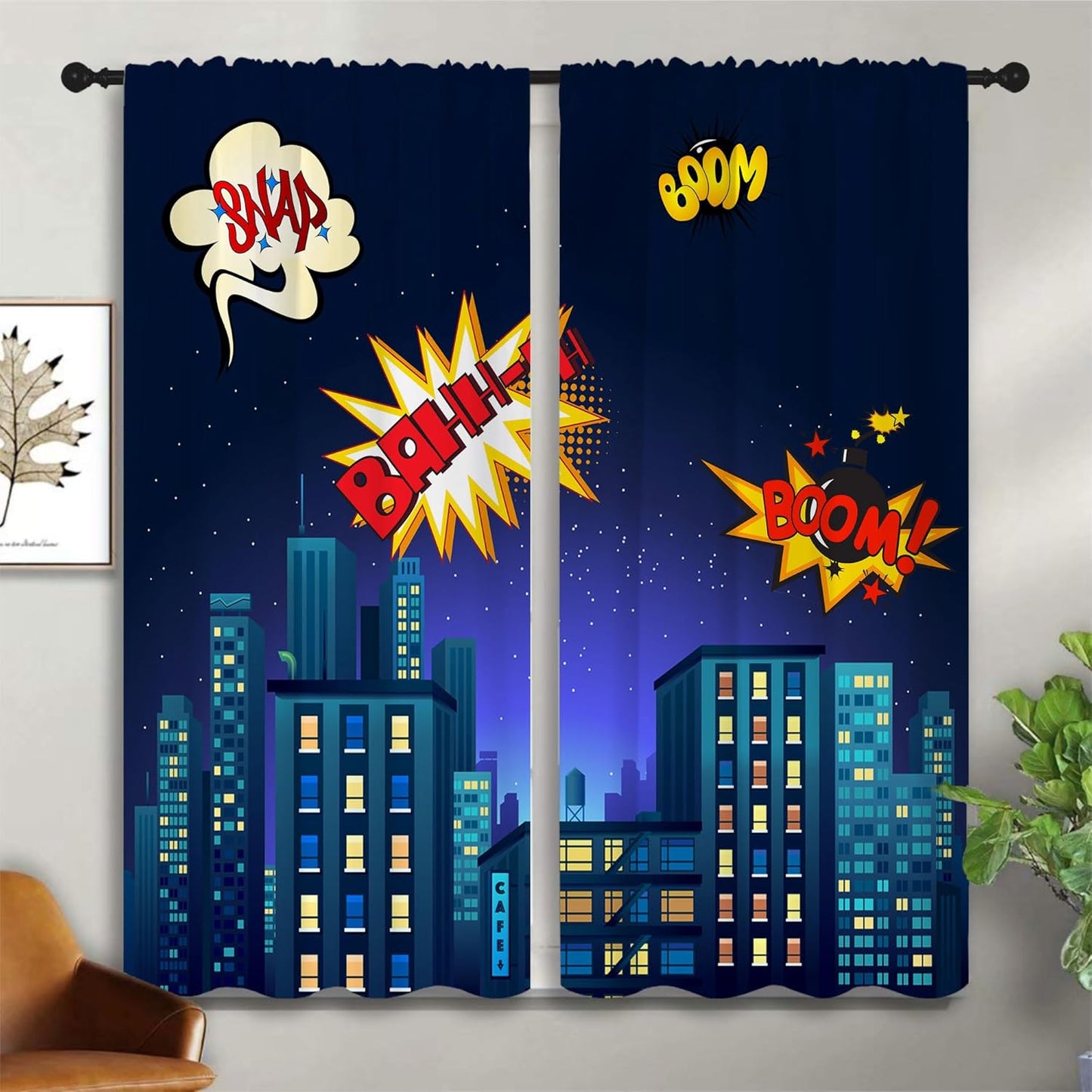 Superhero Rod Pocket Blackout Curtains for Boy Girl Bedroom, Cartoon Skyline Buildings Cityscape Home Energy Efficient Light Filtering Window Curtain for Living Room, 42x63 inch