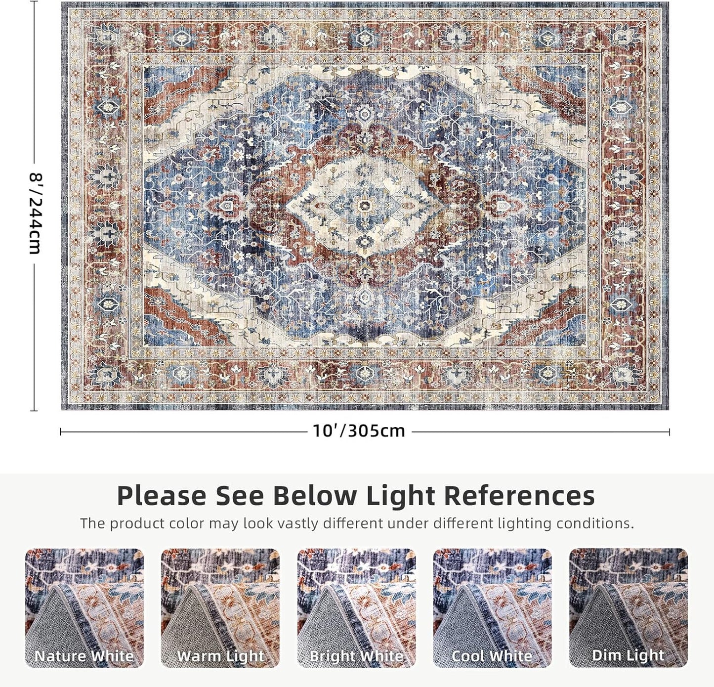 Deerly Rug 8x10 Area Rug Boho Washable Rug Large Rugs for Bedroom Living Room Vintage Non-Slip Oriental Distressed Carpet Indoor Stain Resistant(Border Brown/Navy Blue)