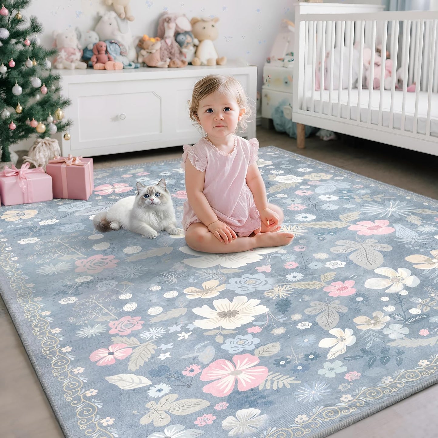 Blue Area Rugs for Living Room 4x6 Washable Low Pile Non Slip Stain Resistant Vintage Euro Floral Soft Faux Fur Carpet Rug for Living Room Bedroom Patio Dining Room Home Office Nursery Kids Room