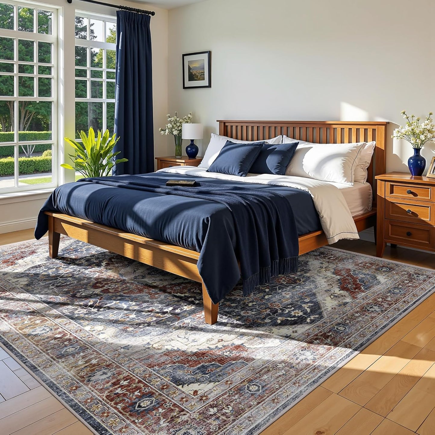 Deerly Boho Area Rug Large Rugs for Bedroom Machine Washable Rugs for Living Room Moroccan Non-Slip Oriental Area Rugs Carpet Floor Rug(Border Brown/Navy Blue 5x8ft)