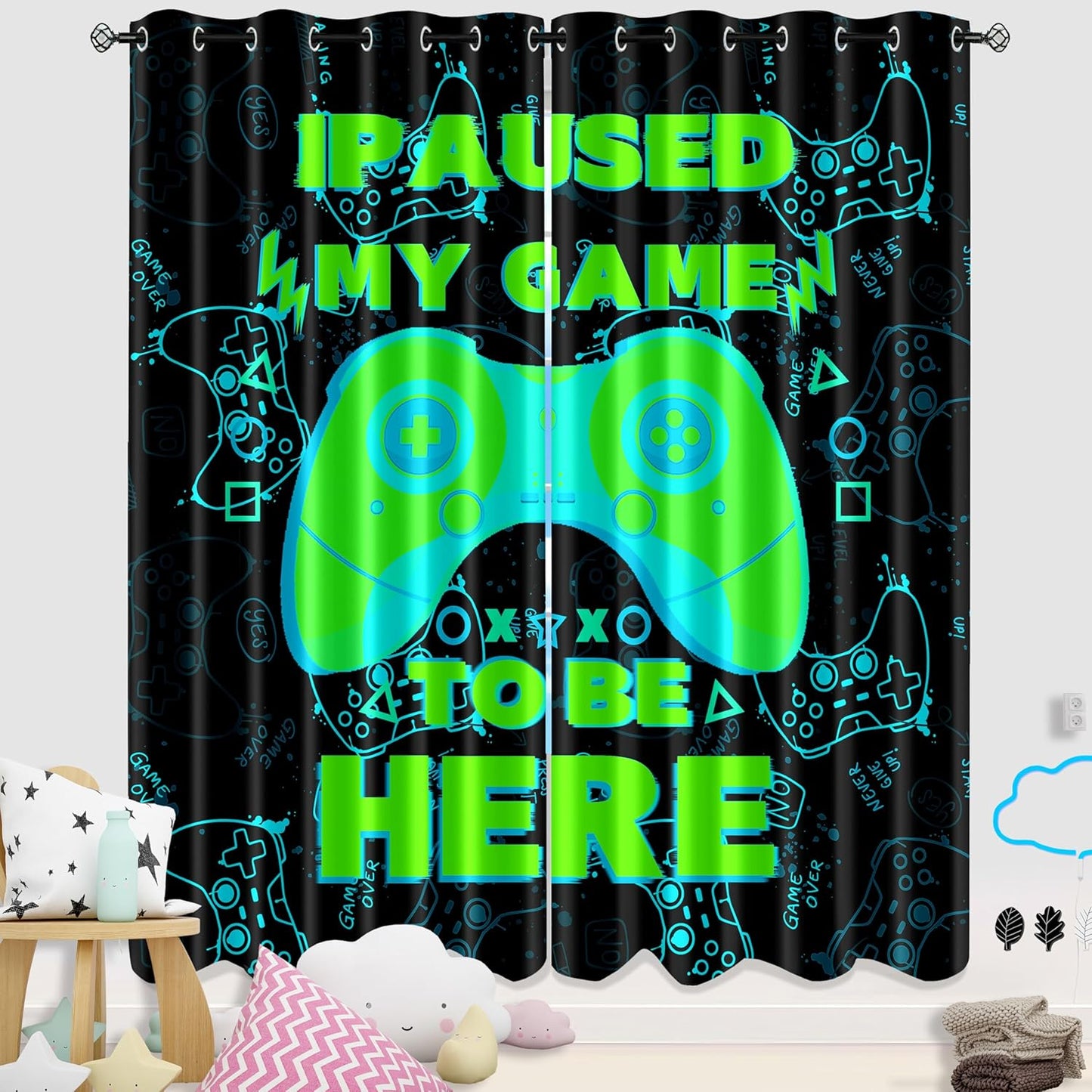 Gaming Gamepad Blackout Curtains - 2Pcs Game Windows Curtain Panels for Teens Boys Bedroom Green Gaming Console Curtains for Boys Kids Room Decor Grommet Top Thermal Insulated, 82 in x 84 in