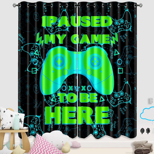 Gaming Gamepad Blackout Curtains - 2Pcs Game Windows Curtain Panels for Teens Boys Bedroom Green Gaming Console Curtains for Boys Kids Room Decor Grommet Top Thermal Insulated, 82 in x 84 in