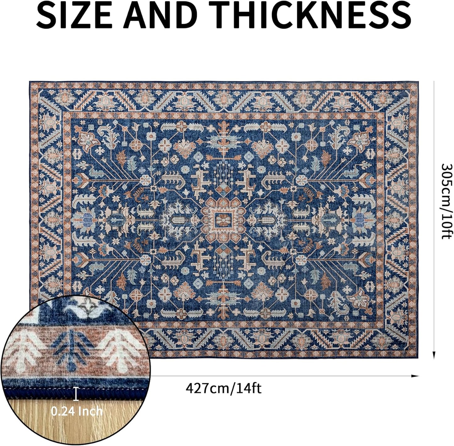 10x14 Area Rug Washable: Oriental Soft Area Rug for Living Room Bedroom No Shedding - Low Pile Thin Carpet Rug for Dining Room Non Slip - Boho Vintage Rug for Home Decor - Navy Blue