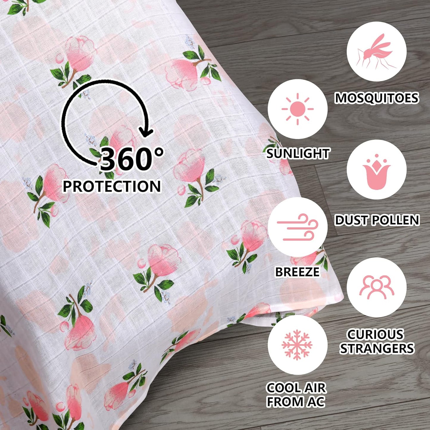 Rquite Car Seat Covers for Babies - 100% Muslin, Lightweight, Soft, Breathable Baby Carrier Cover - Summer Stroller Canopy (Pink Flower)