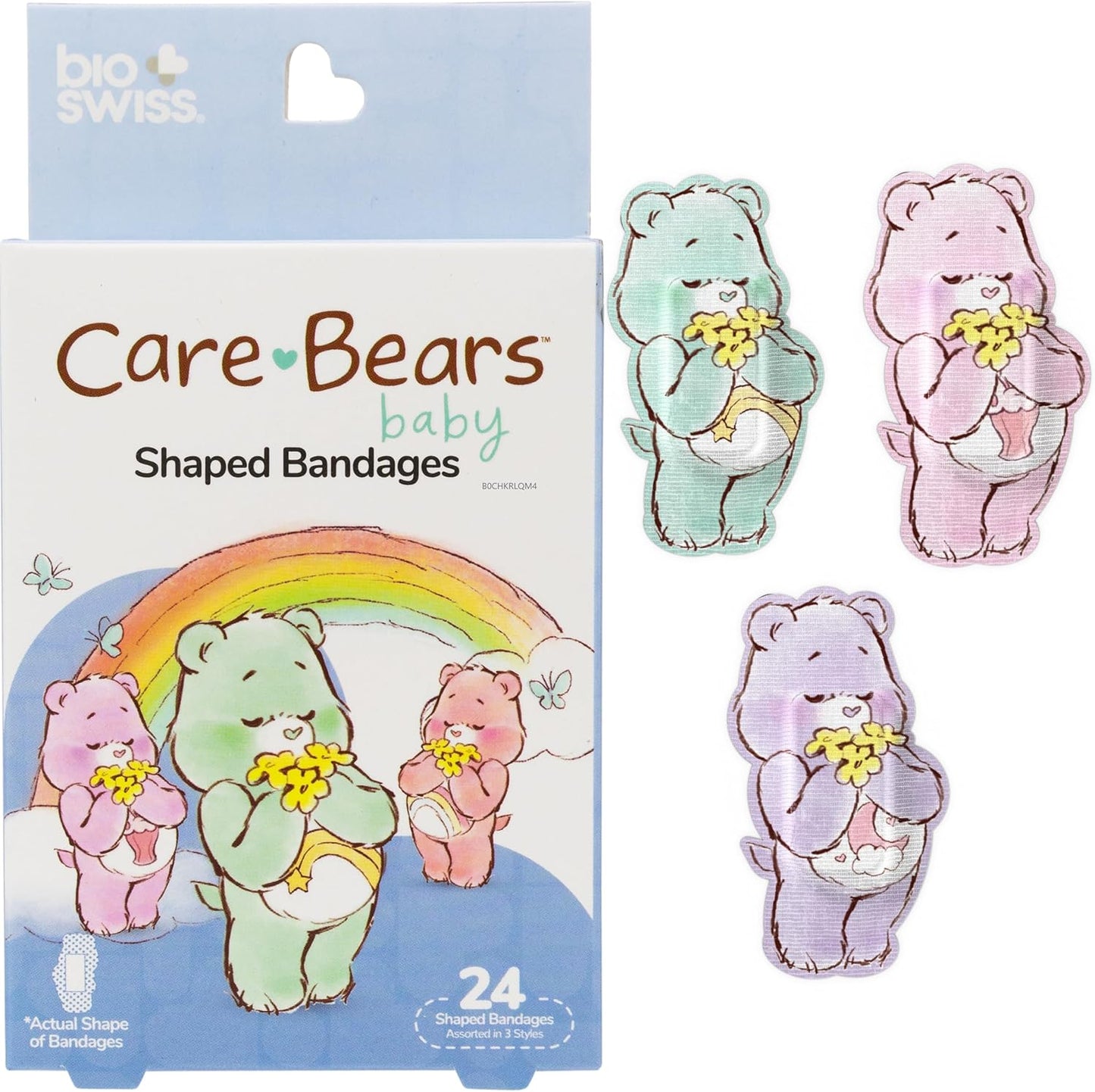 BioSwiss Care Bears Bandages, Baby Care Bear Shaped Self Adhesive Bandage, Latex Free Sterile Wound Care, Fun First Aid Kit Supplies for Kids, 24 Count