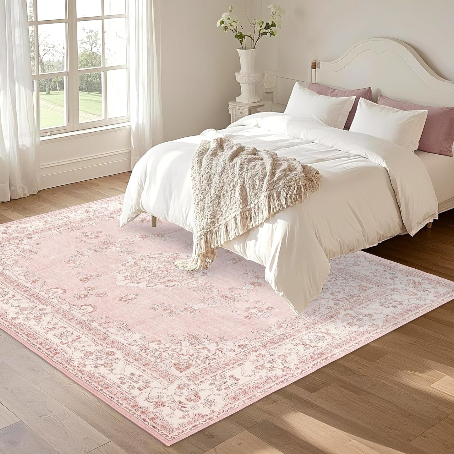 6x9 Area Rugs Washable: Oriental Soft Area Rug for Living Room Bedroom No Shedding - Low Pile Thin Carpet Rug for Dining Room Non Slip - Boho Vintage Rug for Home Decor - Soft Pink