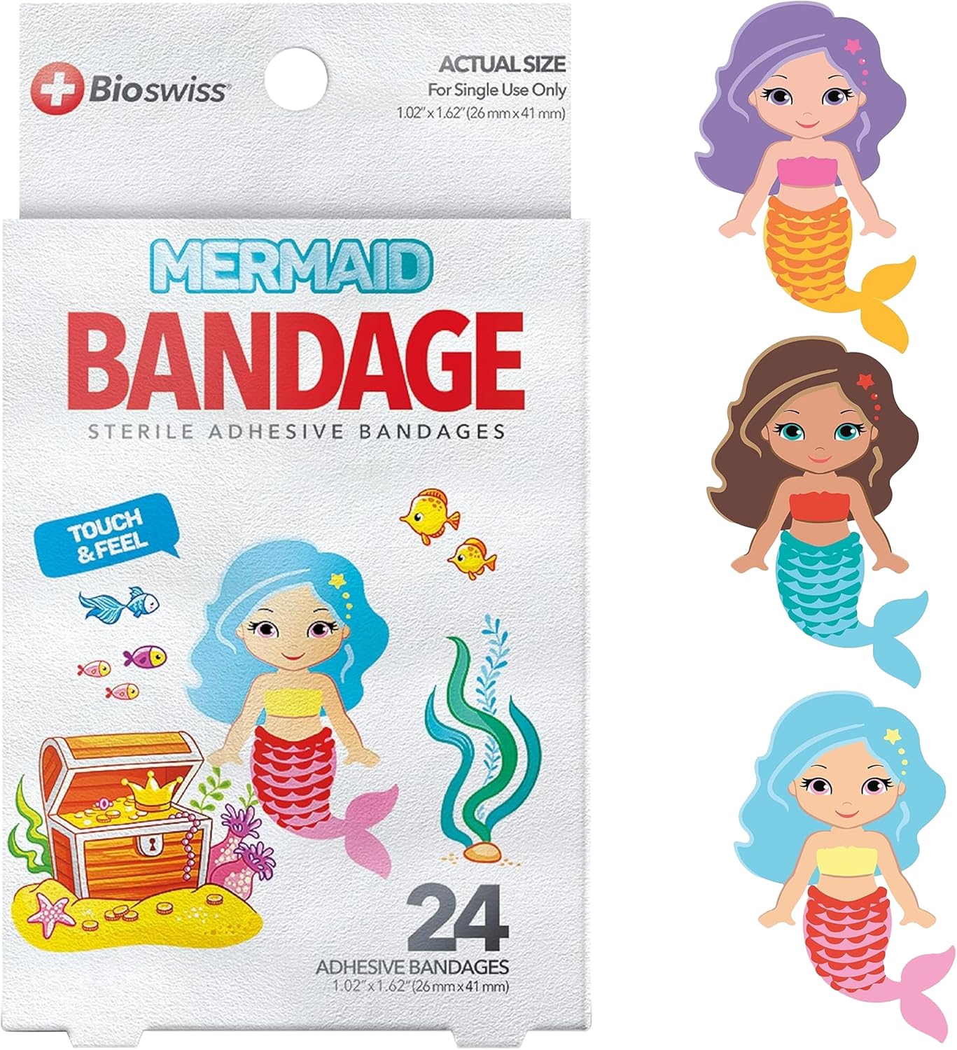 BioSwiss Bandages, Mermaid Shaped Self Adhesive Bandage, Latex Free Sterile Wound Care, Fun First Aid Kit Supplies for Kids, 24 Count