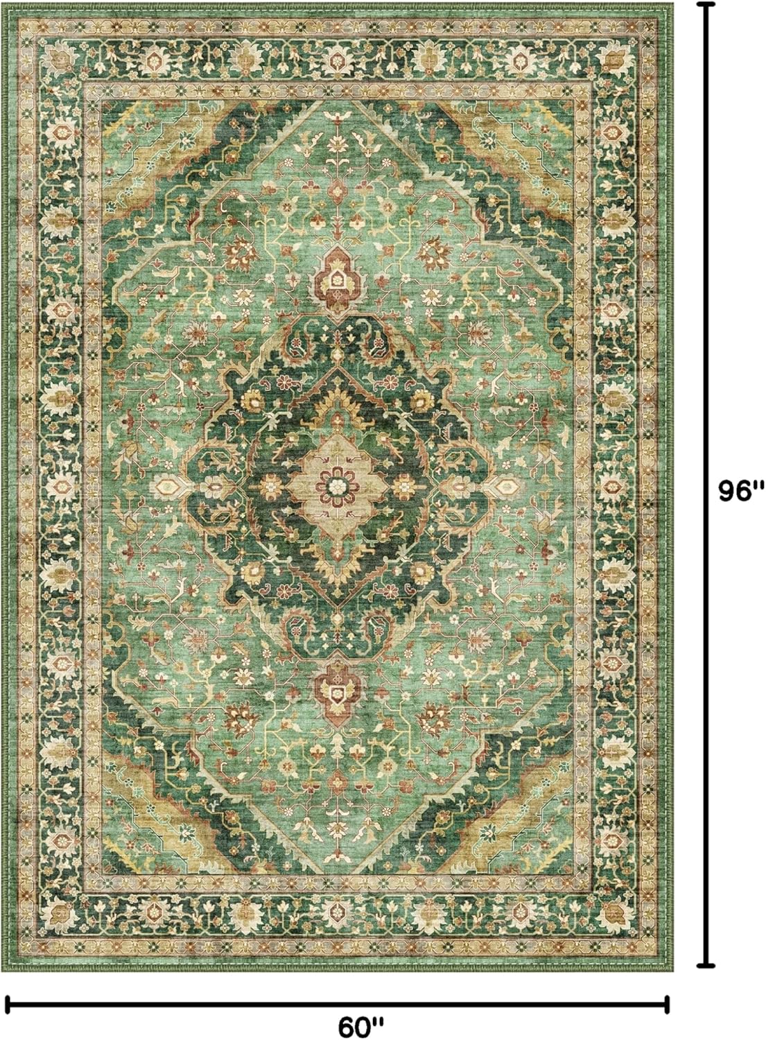 Green Rug 5x8 Area Rugs for Bedroom Washable Rugs Boho Vintage 5x8 Rug for Living Room Carpet Non-Slip Family & Pet Friendly Print Floor Rug(Border Green)