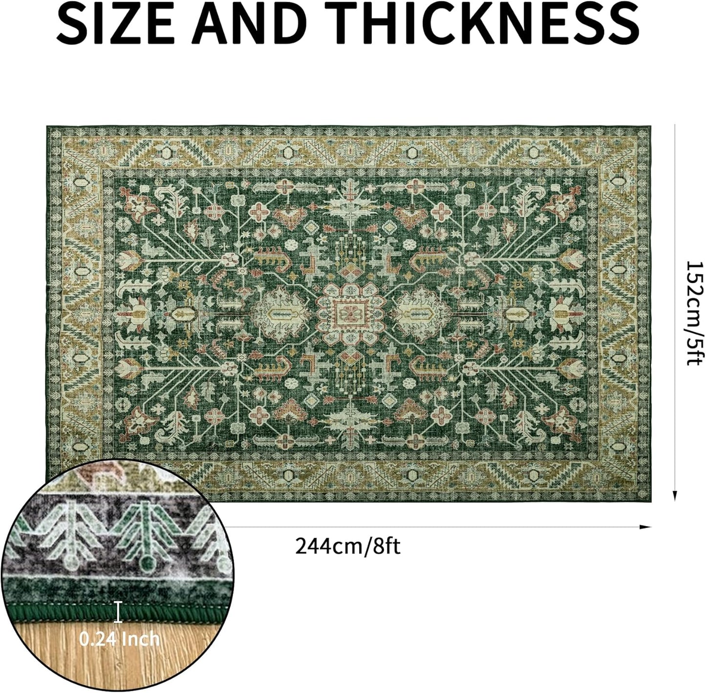 5x8 Area Rug Washable: Oriental Soft Area Rug for Living Room Bedroom No Shedding - Low Pile Thin Carpet Rug for Dining Room Non Slip - Boho Vintage Rug for Home Decor - Retro Forest Green