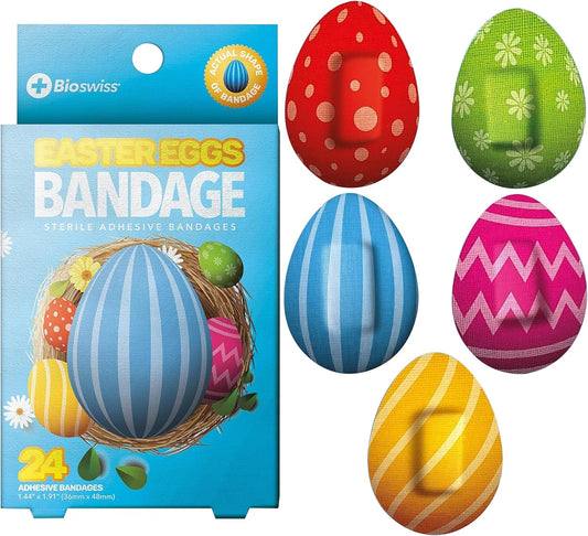 BioSwiss Bandages, Easter Egg Shaped Self Adhesive Bandage, Latex Free Sterile Wound Care, Fun First Aid Kit Supplies for Kids, 24 Count