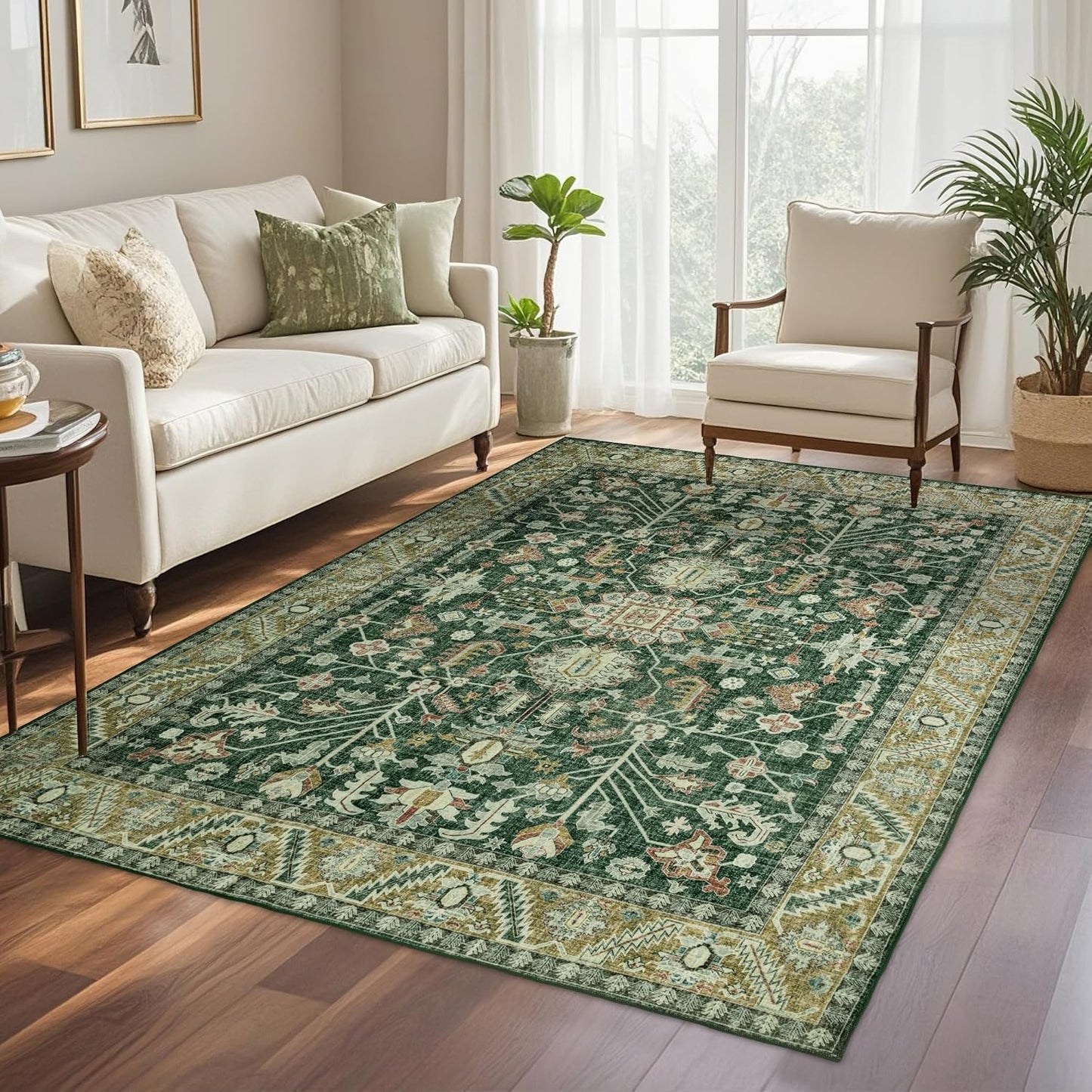 5x8 Area Rug Washable: Oriental Soft Area Rug for Living Room Bedroom No Shedding - Low Pile Thin Carpet Rug for Dining Room Non Slip - Boho Vintage Rug for Home Decor - Retro Forest Green