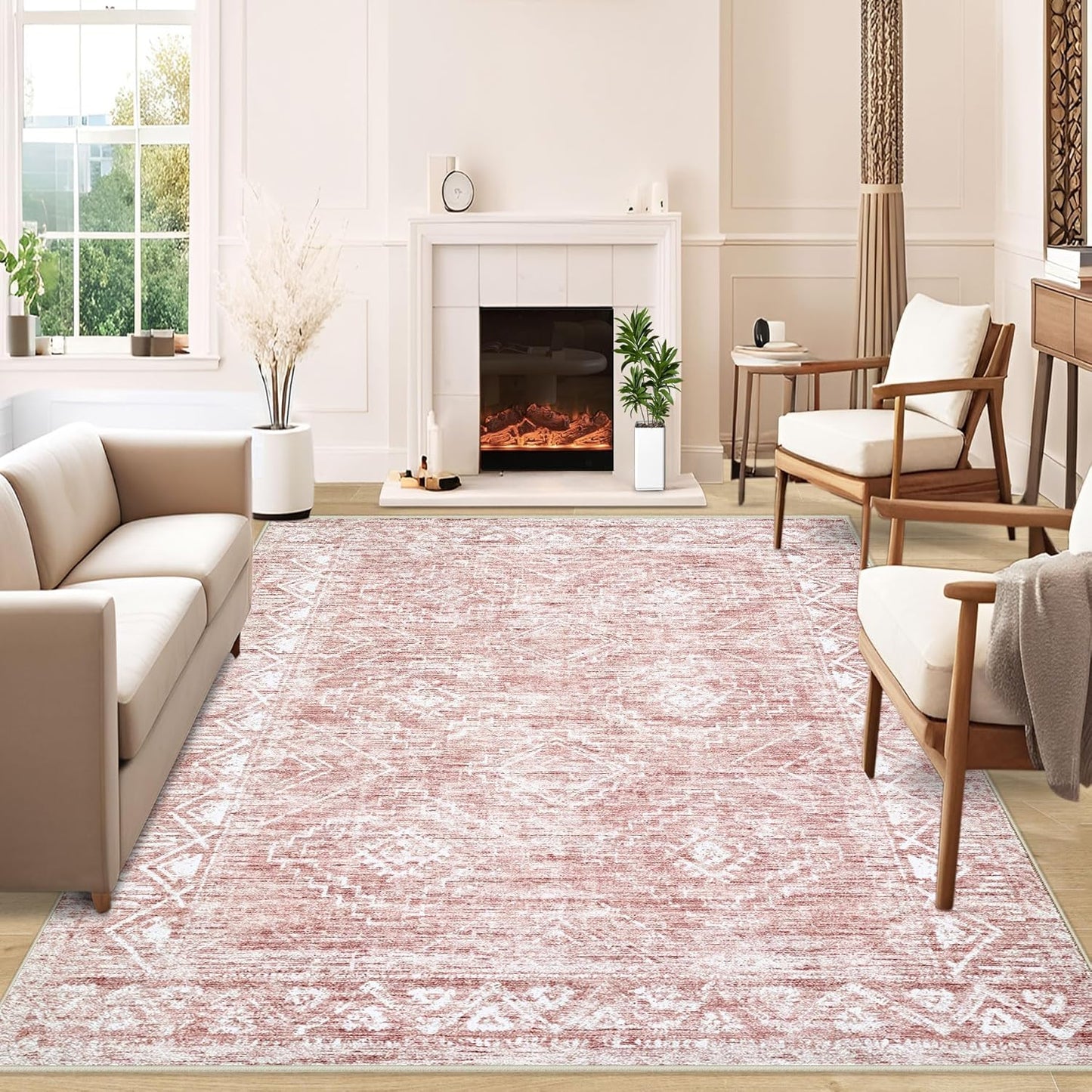 Large Living Room Area Rug 9x12 - Machine Washable Vintage Boho Moroccan Rugs Geometric Neutral Rug Non-Shedding Low Pile Distressed Farmhouse Carpet for Bedroom Nursery Classroom Dorm(9'x12',Pink)