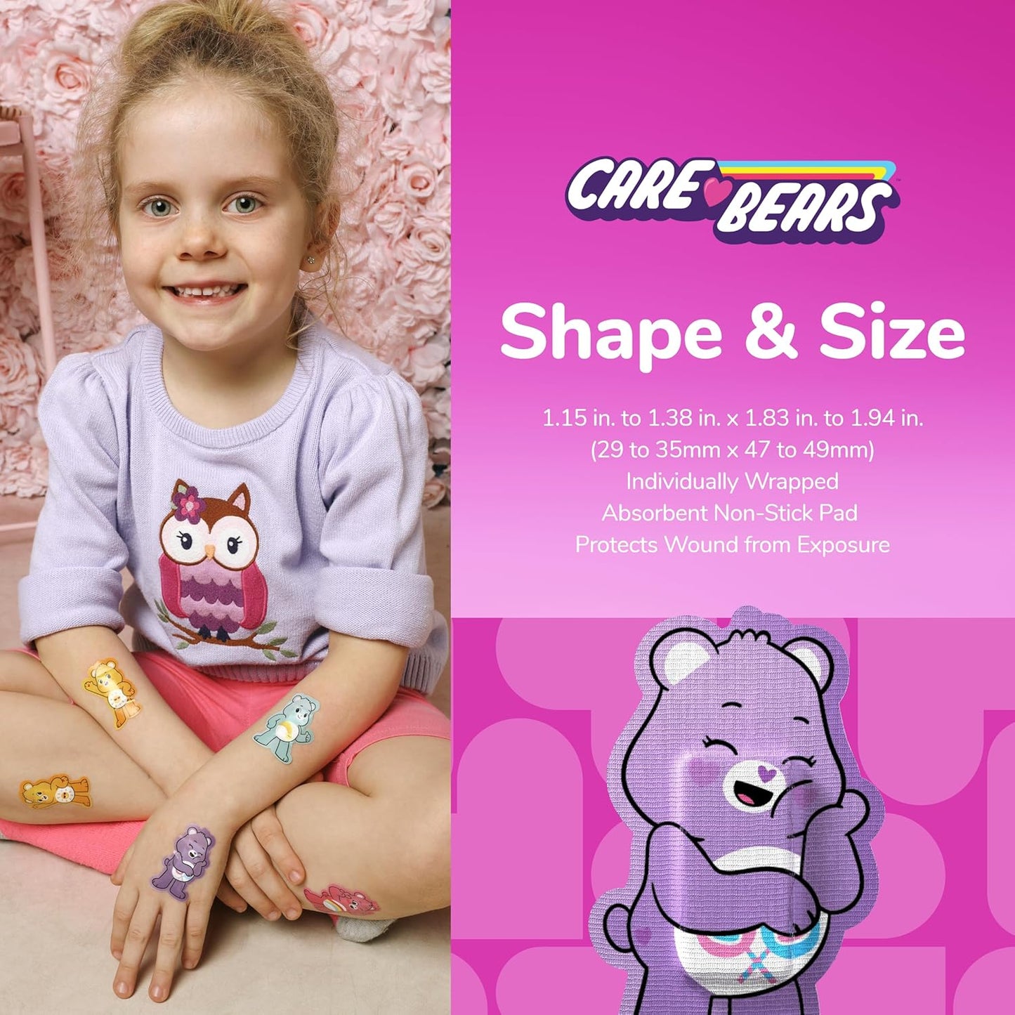 BioSwiss Care Bears Bandages, Unlock The Magic Care Bear Shaped Self Adhesive Bandage, Latex Free Sterile Wound Care, Fun First Aid Kit Supplies for Kids, 24 Count