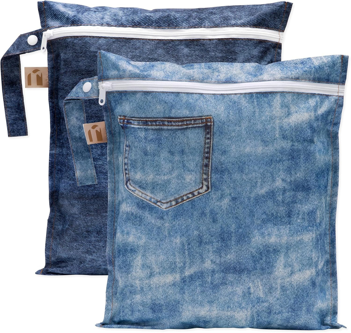 Bumkins Roamio - Waterproof Wet Bag - For Baby, Travel, Swim Suit, Cloth Diapers, Pump Parts, Pool, Gym, Toiletry, Strap to Stroller - Reusable & Easy to Clean - 2pk - Faux Pocket Patch Denim