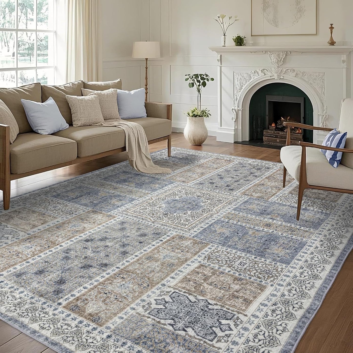 8x10 Area Rugs Washable: Oriental Soft Area Rug for Living Room Bedroom No Shedding - Low Pile Thin Carpet Rug for Dining Room Non Slip - Boho Vintage Rug for Home Decor - Blue Grey