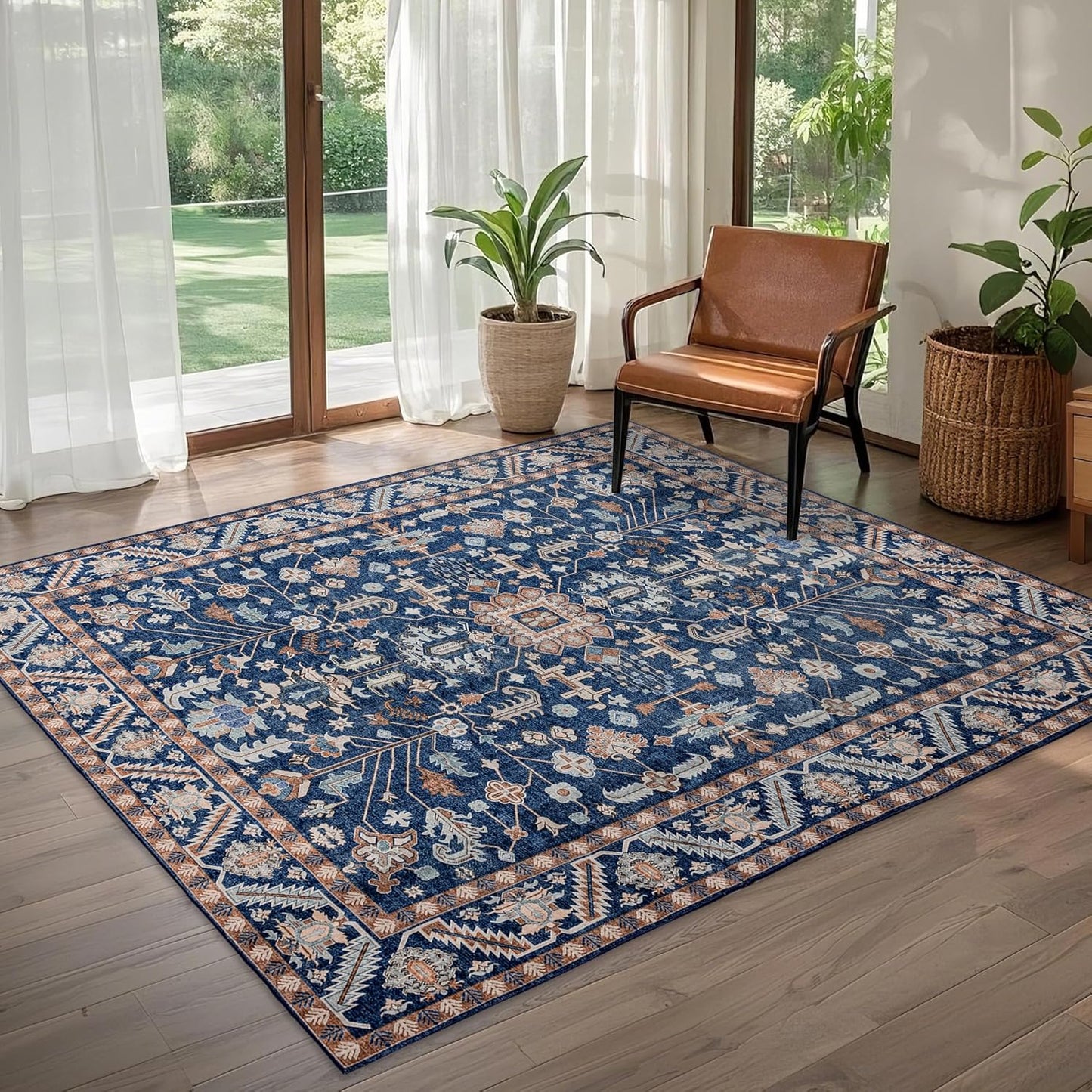 6x9 Area Rugs Washable: Oriental Soft Area Rug for Living Room Bedroom No Shedding - Low Pile Thin Carpet Rug for Dining Room Non Slip - Boho Vintage Rug for Home Decor - Navy Blue