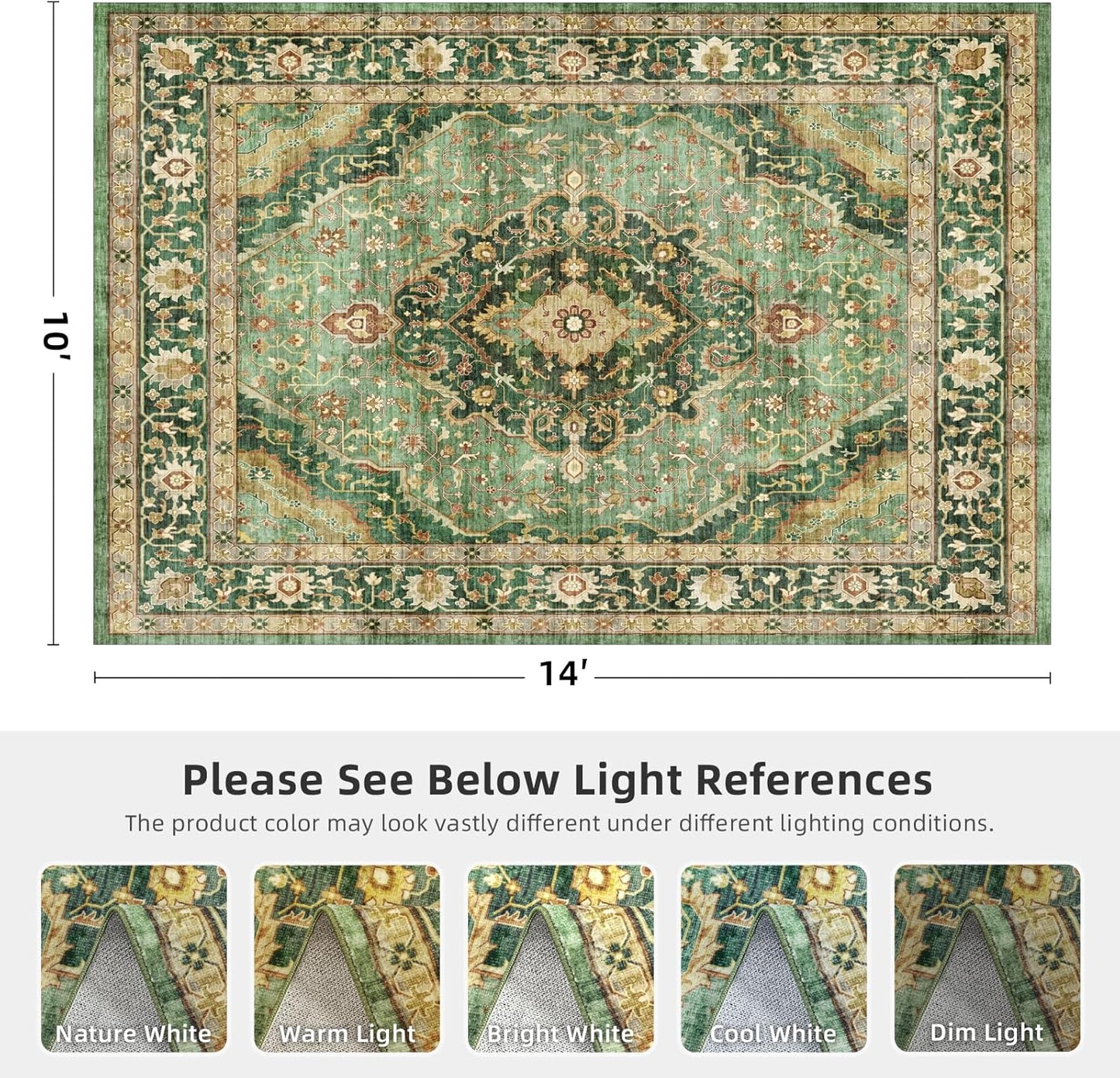 10x14 Rugs for Living Room Bedroom, Washable Green Area Rugs Non Slip Large Rug for Dining Room Office, Floor Decoration Vintage Boho Big Rug Carpet Low-Pile Kid & Pet Friendly