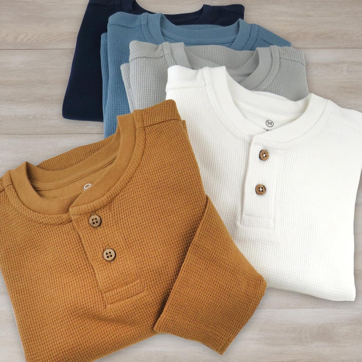 HonestBaby 5-pack Waffle Henley Long Sleeve Shirts 100% Organic Cotton for Infant Baby and Toddler Boys, Unisex