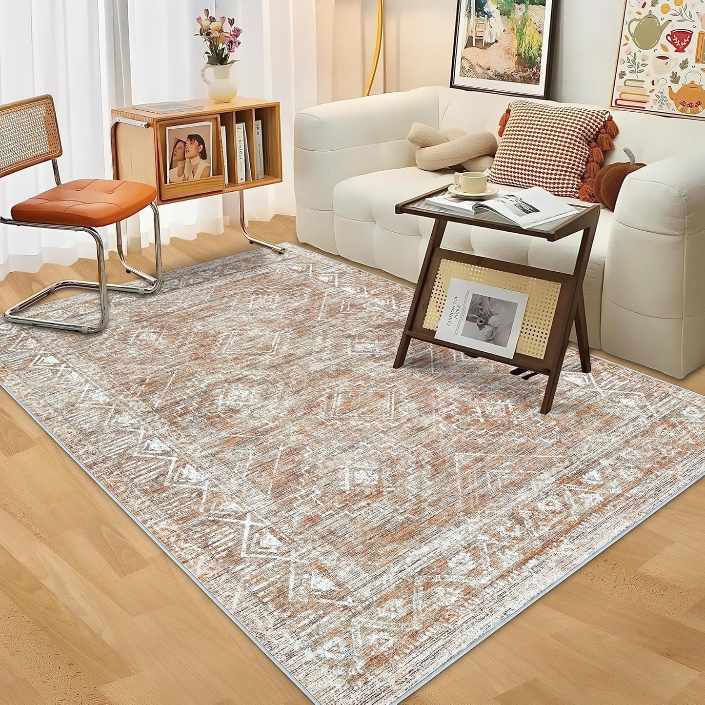 Vintage Moroccan Trellis Area Rug - 4x6 Machine Washable Boho Geometric Farmhouse Rugs Neutral Stain Resistant Non Slip Indoor Carpet for Bedroom Dining Room Nursery Home Office (4 x 6, Brown)