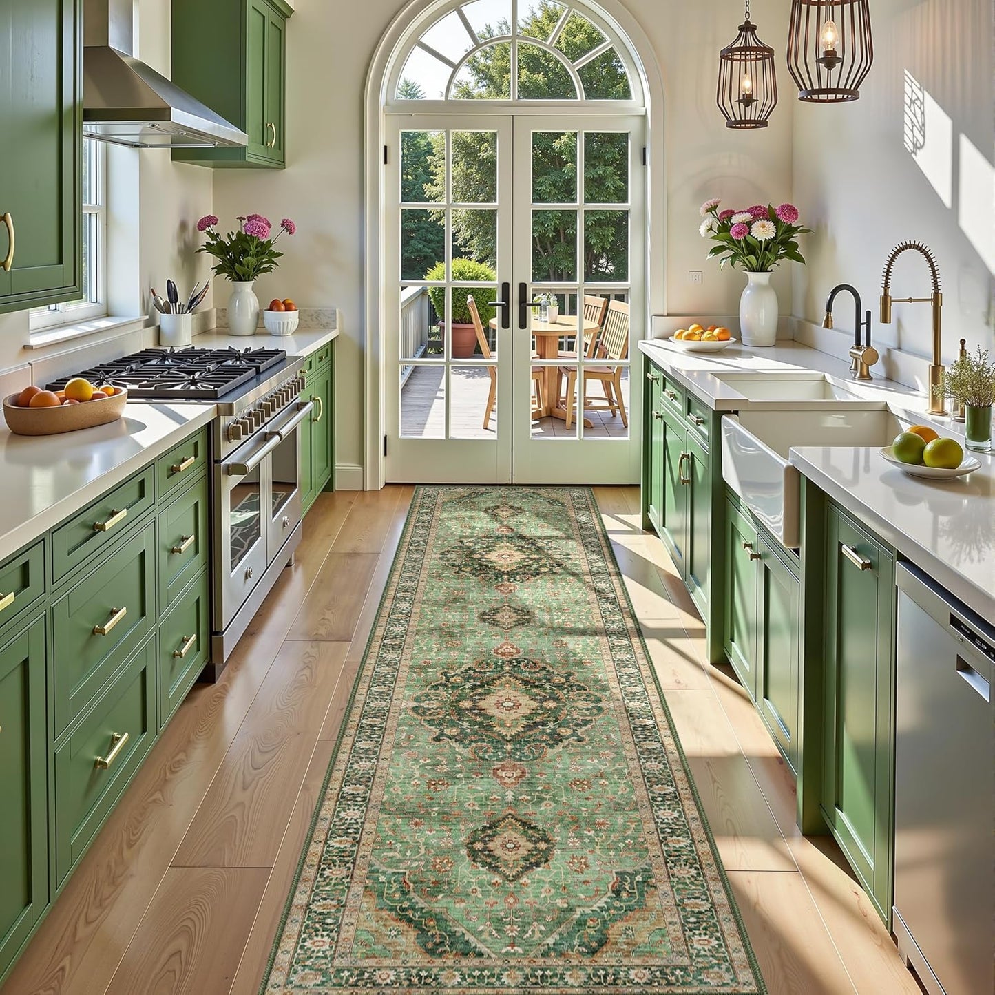 Green Boho Washable 3x12 Extra Long Runner Rug for Hallway, Waterproof Large Kitchen Floor Rug, Non-Slip Stain & Fade Resistant, Vintage Floral Decor