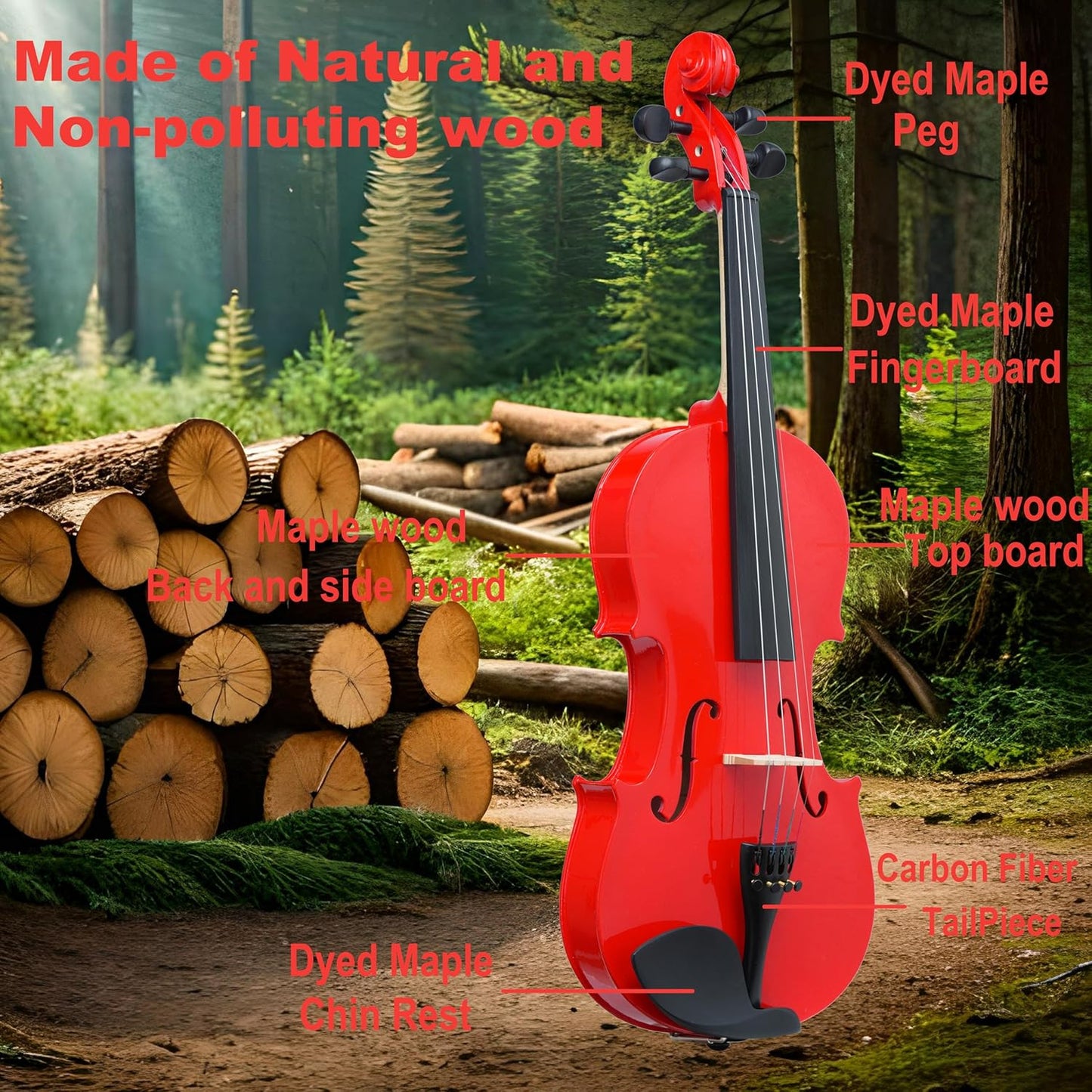 1/2 Fiddle Red Colored Premium Violin Outfit for Beginners Adults Kids With 5 Color Fingering Tape- Handcrafted Student Beginner Violin.