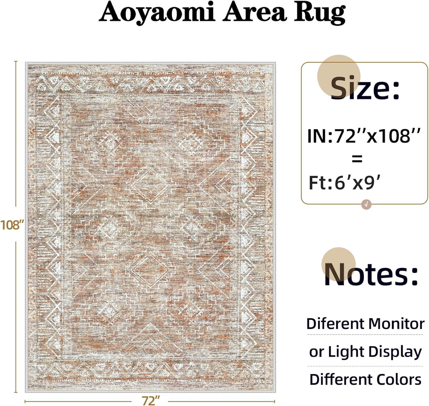 Moroccan Large Area Rug 6x9 - Soft Machine Washable Geometric Boho Distressed Farmhouse Rug Morden Stain Resistant Indoor Floor Carpet for Bedroom Dining Table Nursery Home Office (6 x 9, Brown)
