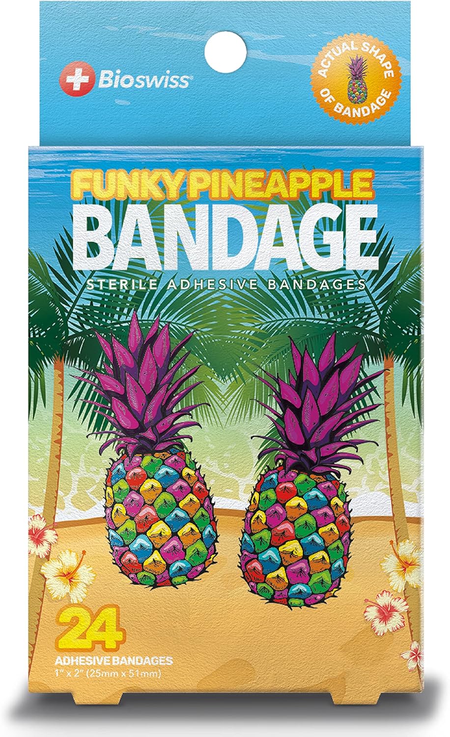 BioSwiss Bandages, Funky Pineapple Shaped Self Adhesive Bandage, Latex Free Sterile Wound Care, Fun First Aid Kit Supplies for Kids, 24 Count