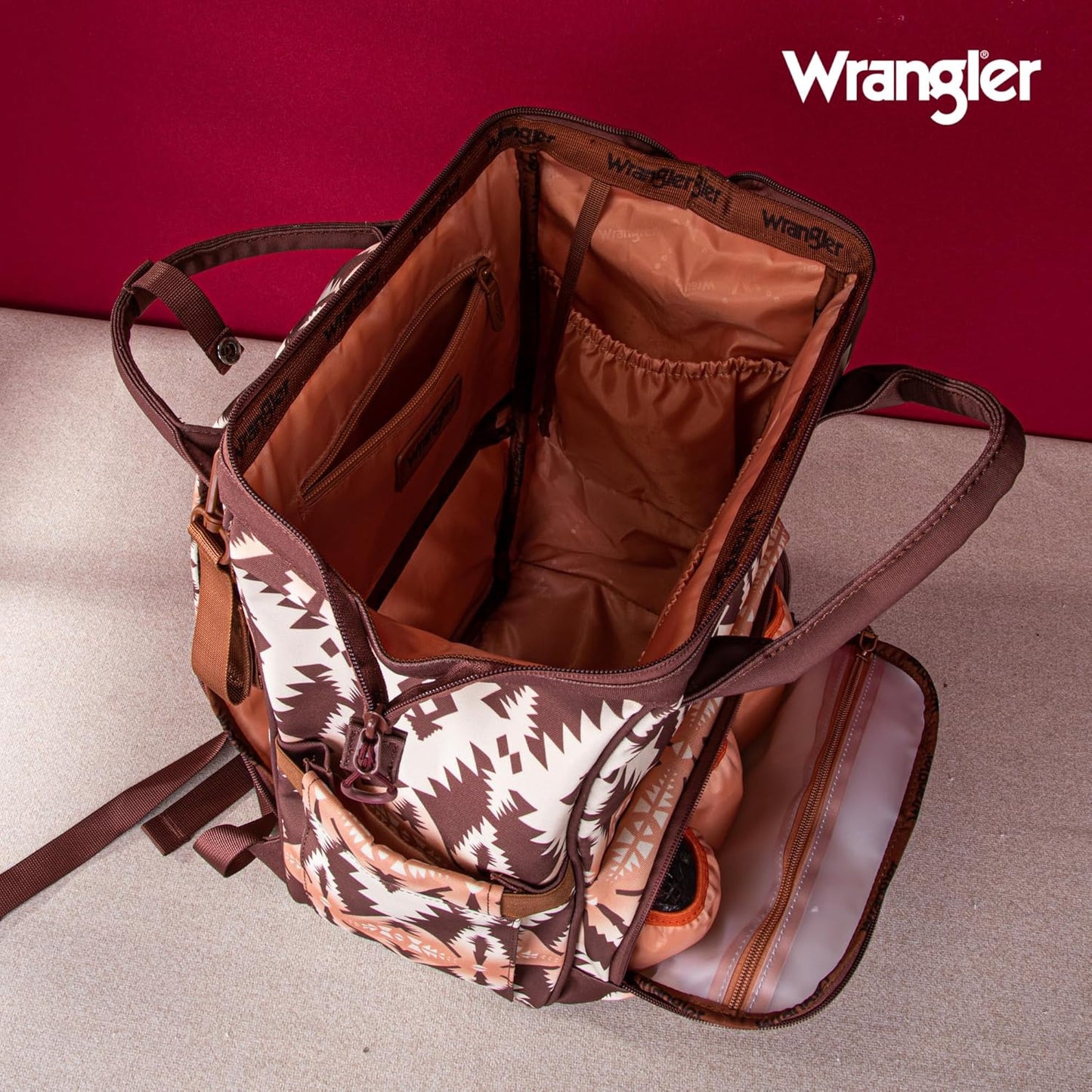 Wrangler Diaper Bag Backpack Aztec Travel Backpack Purses Western Multi-Function Baby Bags for Mom with Waterproof Insulated Pockets