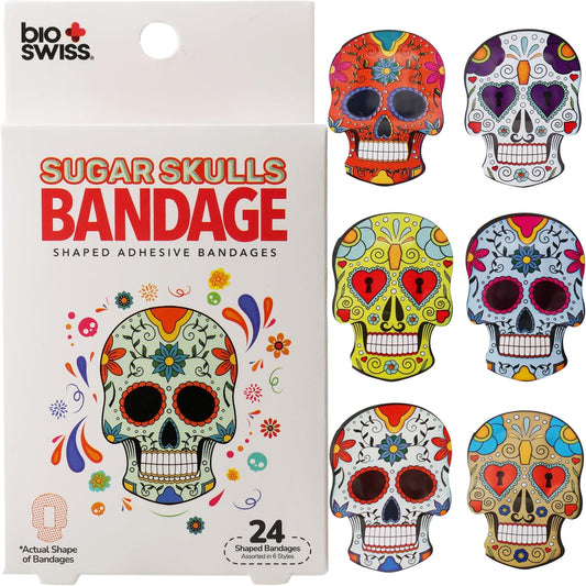 BioSwiss Bandages, Sugar Skull Shaped Self Adhesive Bandage, Latex Free Sterile Wound Care, Fun First Aid Kit Supplies for Kids, 24 Count