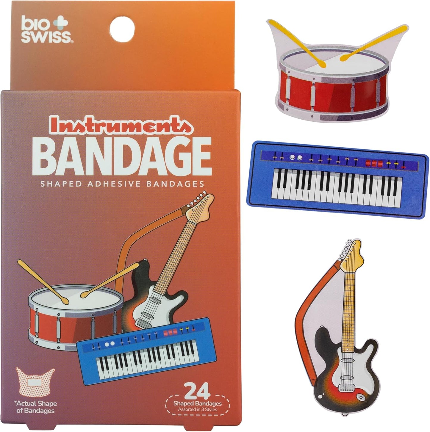 BioSwiss Bandages, Musical Instruments Shaped Self Adhesive Bandage, Latex Free Sterile Wound Care, Fun First Aid Kit Supplies for Kids and Adults, 24 Count