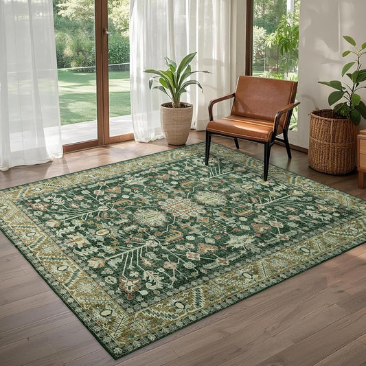 4x6 Area Rug Washable: Oriental Soft Area Rug for Living Room Bedroom No Shedding - Low Pile Thin Carpet Rug for Dining Room Non Slip - Boho Vintage Rug for Home Decor - Retro Forest Green