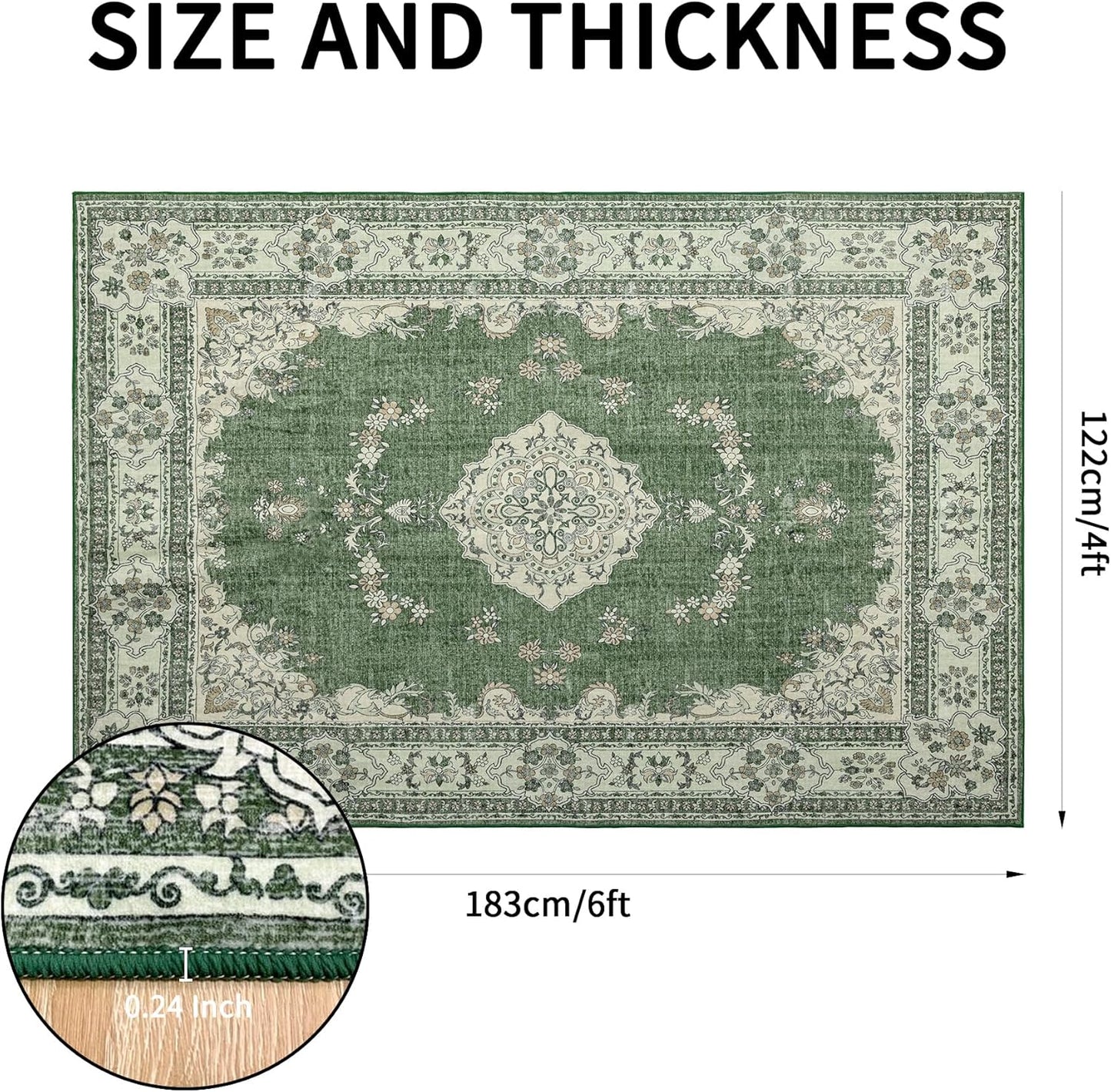 4x6 Area Rug Washable: Oriental Soft Area Rug for Living Room Bedroom No Shedding - Low Pile Thin Carpet Rug for Dining Room Non Slip - Boho Vintage Rug for Home Decor - Olive Green