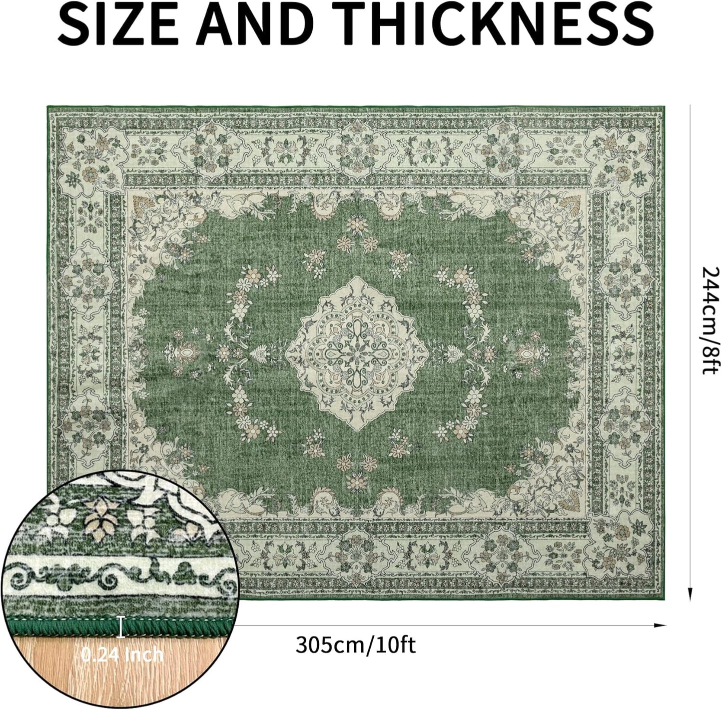 8x10 Area Rugs Washable: Oriental Soft Area Rug for Living Room Bedroom No Shedding - Low Pile Thin Carpet Rug for Dining Room Non Slip - Boho Vintage Rug for Home Decor - Olive Green