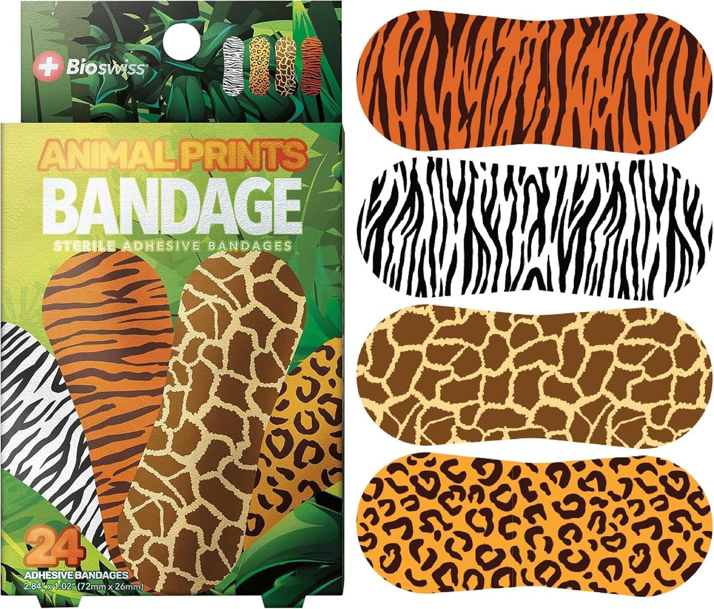 BioSwiss Bandages, Animal Prints Self Adhesive Bandage, Leopard, Zebra, Giraffe, and Tiger Print Designs, Latex Free Sterile Wound Care, Standard Shape for Kids and Adults, 24 Count