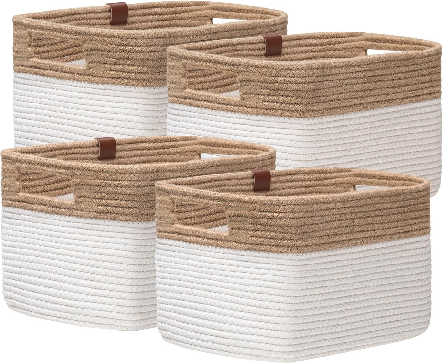 UBBCARE 4 Pack Baskets for Organizing, Woven Storage Baskets with Label for Toys and Towel, Rectangle Cotton Rope Basket with Handles, 15''L x10''W x9''H, Jute&White