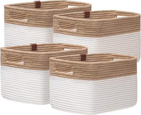 UBBCARE 4 Pack Baskets for Organizing, Woven Storage Baskets with Label for Toys and Towel, Rectangle Cotton Rope Basket with Handles, 15''L x10''W x9''H, Jute&White
