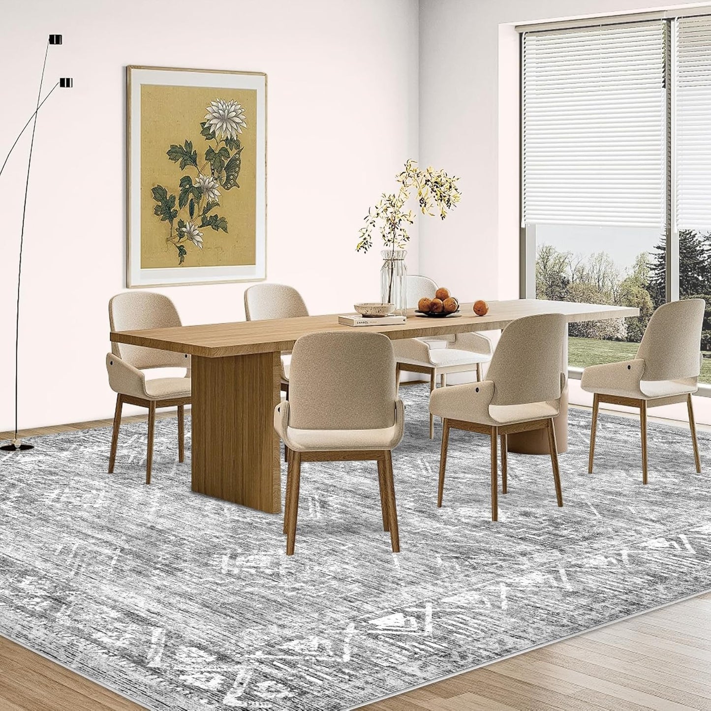 Large Living Room Area Rug 8x10 - Machine Washable Vintage Boho Moroccan Rugs Geometric Neutral Rug Non-Shedding Low Pile Distressed Farmhouse Carpet for Bedroom Nursery Classroom Dorm (8 x 10, Grey)