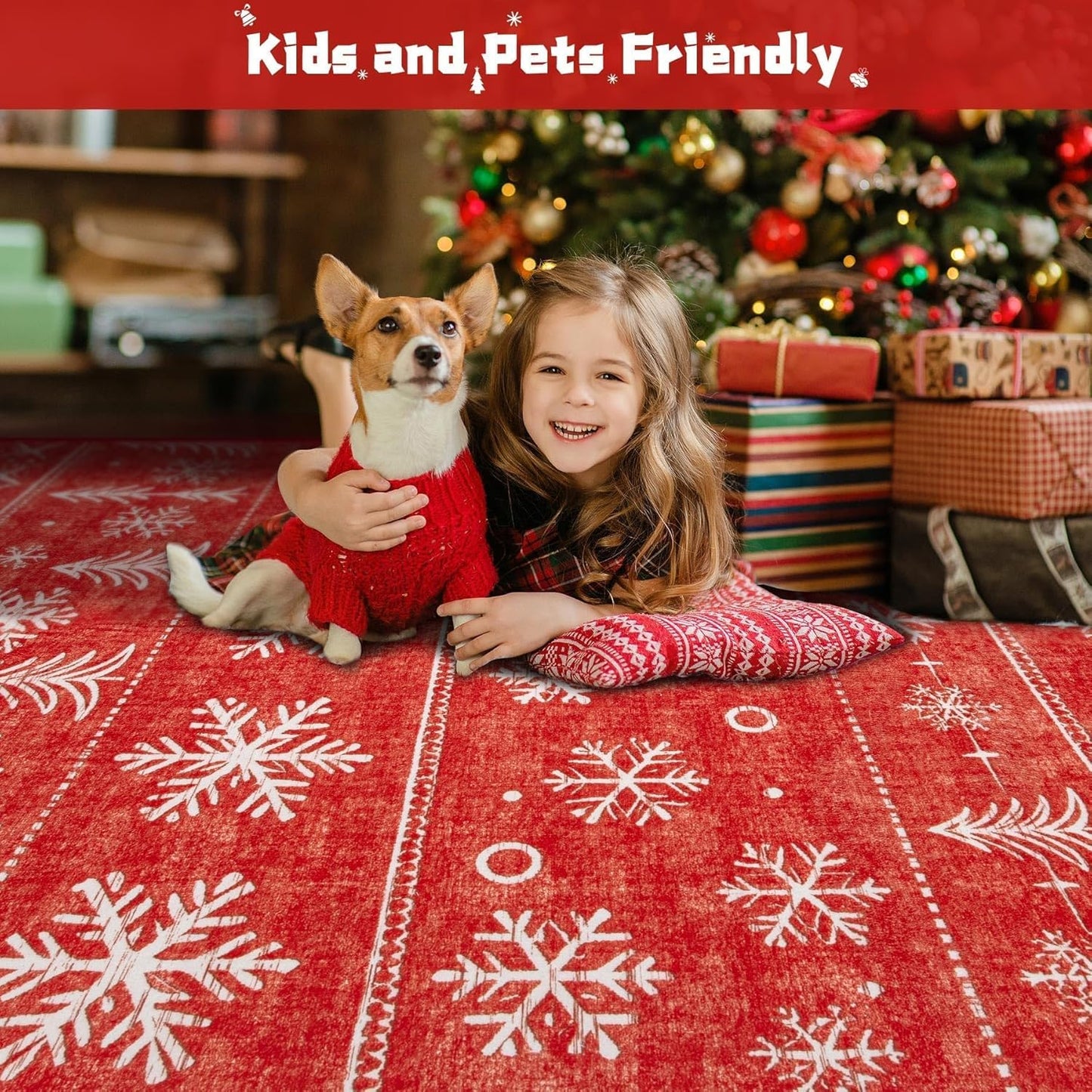 Christmas Area Rug 6x9 Red, Snowflake Washable Rugs for Bedroom Non Slip Kitchen Rug, Soft Christmas Tree Indoor Carpet for Kids Room Dining Room Entryway (6'x9', Xmas Red)
