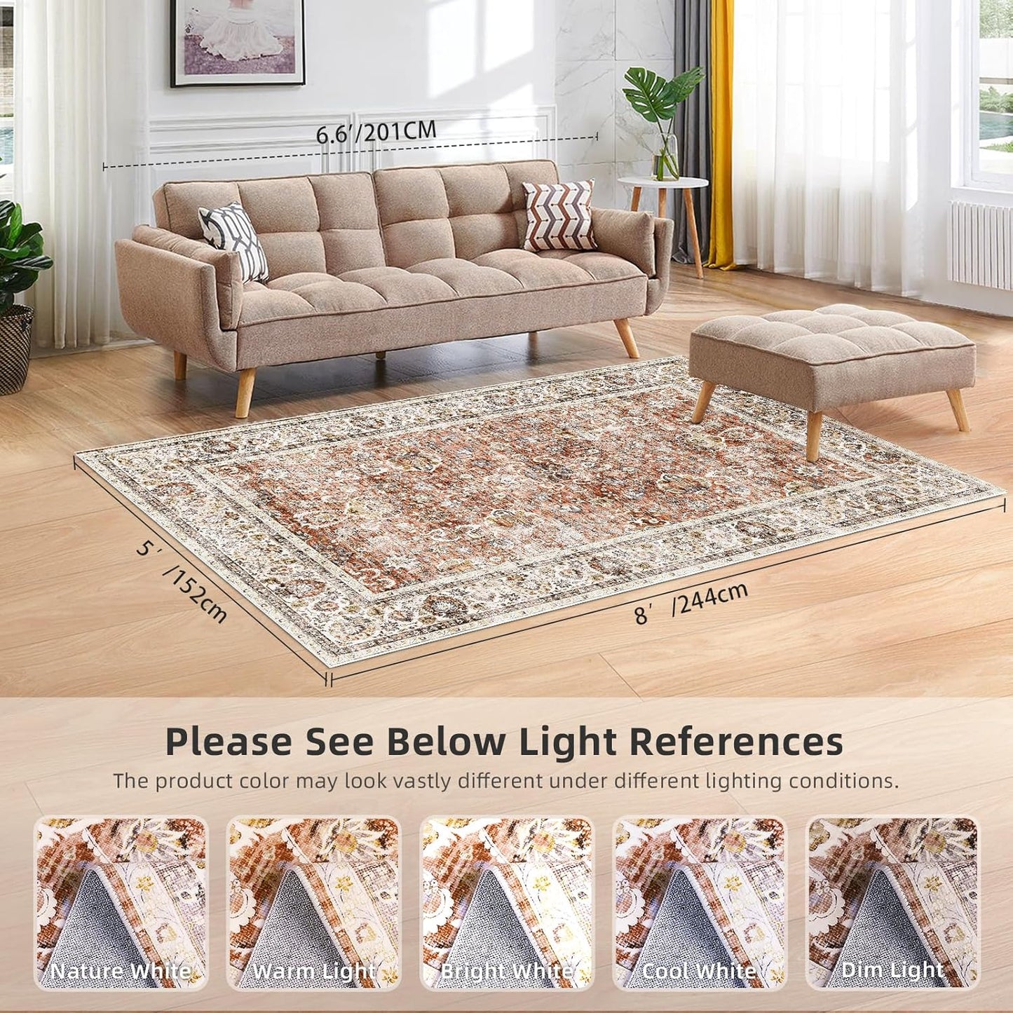 Large 5x8 Area Rugs for Dining Room Machine Washable Rugs Boho 5x8 Rug for Living Room Carpet Non-Slip Family & Pet Friendly Area Rugs Print Floor Rug(Brick Red 5x8ft)