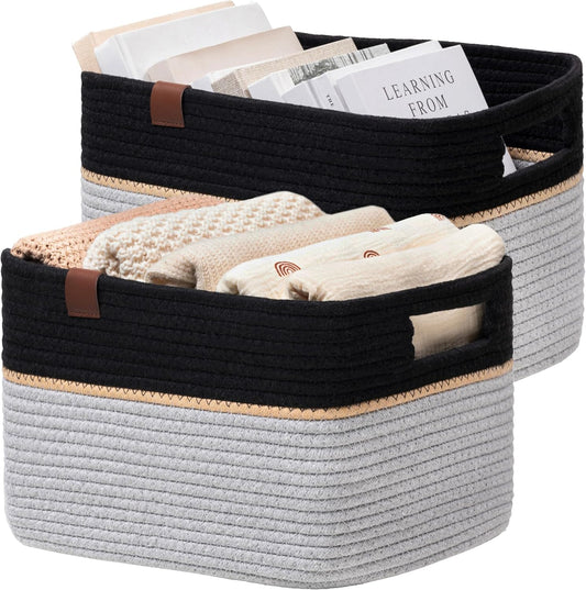 UBBCARE 2 Pack Baskets for Organizing, Woven Storage Baskets with Label for Toys and Towel, Rectangle Cotton Rope Basket with Handles, 15''L x10''W x9''H, Black&Grey