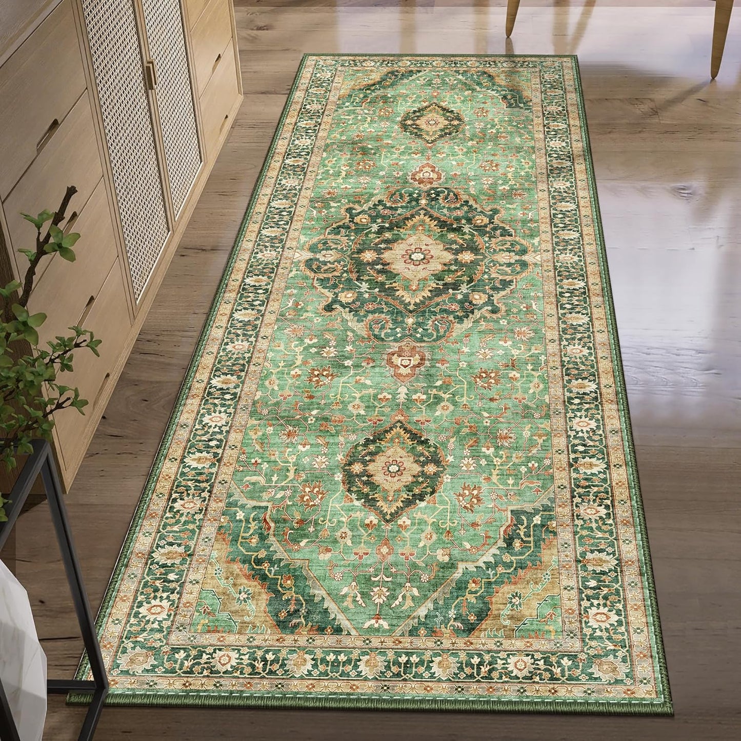 Green Rug 2x5 Runner Rugs Boho Small Washable Area Rugs for Entryway Bathroom Kitchen, Small Rugs Soft Low Pile Non-Slip Rubber Backing Oriental Door Mat