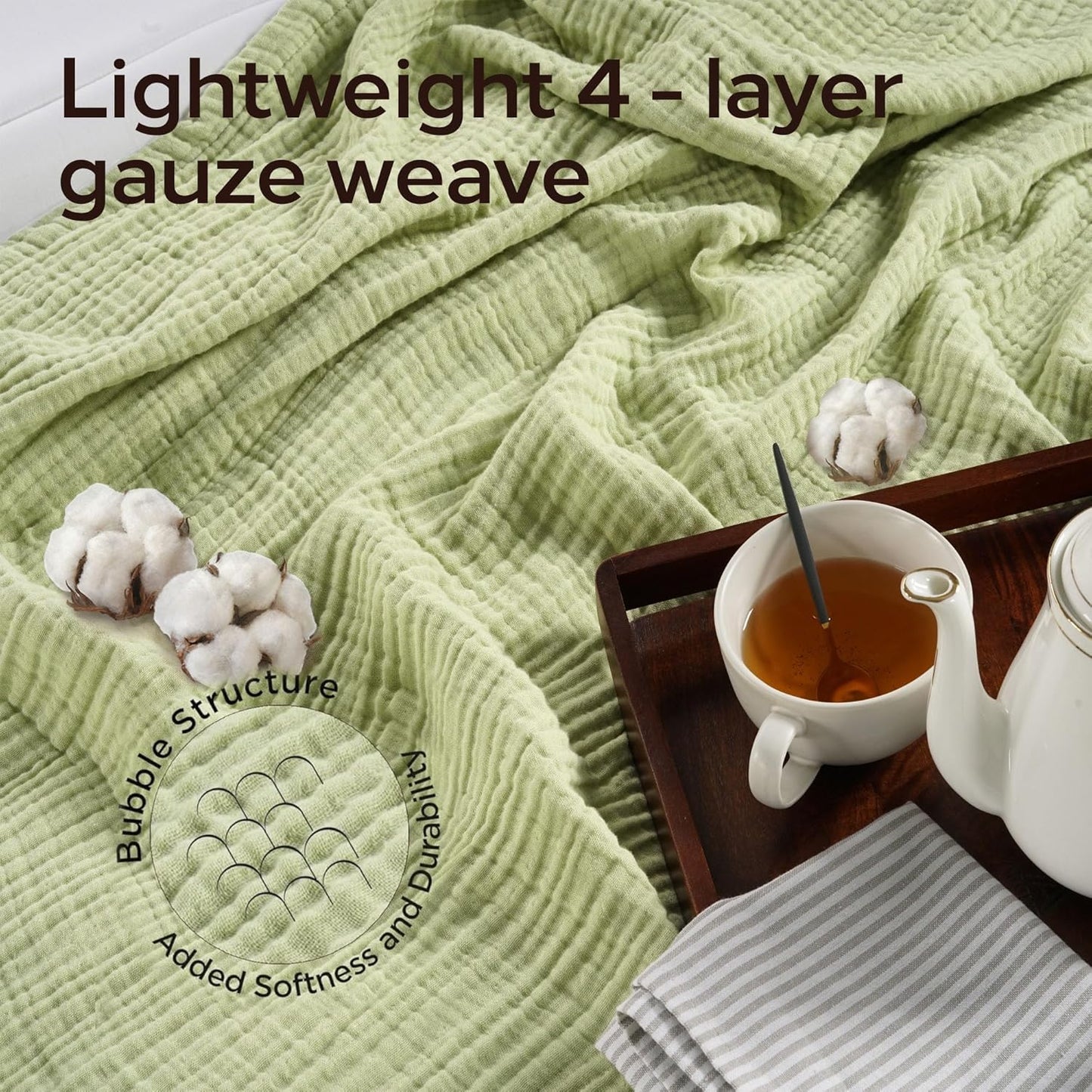 Threadmill Muslin Blanket for Twin Size Bed | 4-Layer Gauze Cotton Throw | Soft, Breathable, and Lightweight for All Seasons | Ideal Blanket or Bed Blanket | Sage Green