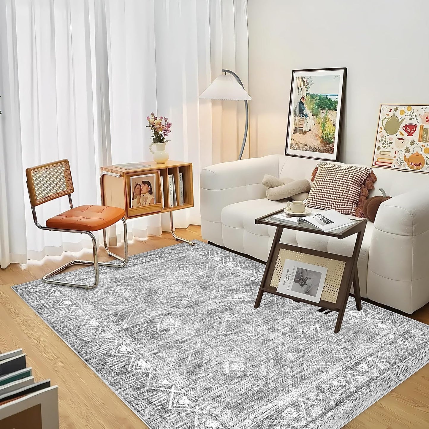 Vintage Moroccan Trellis Area Rug - 4x6 Machine Washable Boho Geometric Farmhouse Rugs Neutral Stain Resistant Non Slip Indoor Carpet for Bedroom Dining Room Nursery Home Office (4 x 6, Grey)