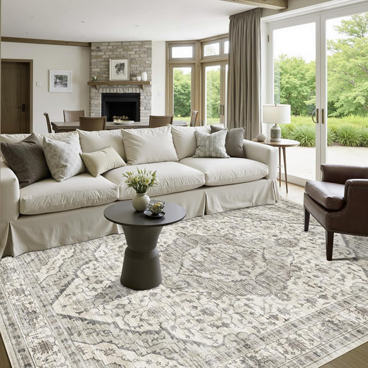 Deerly Washable Area Rugs 5x7 Cream Rug for Living Room Bedroom Dining Room, Low-Pile Kid & Pet Friendly Distressed Carpet Print Floor Rug Non Slip Rug(Border Cream)