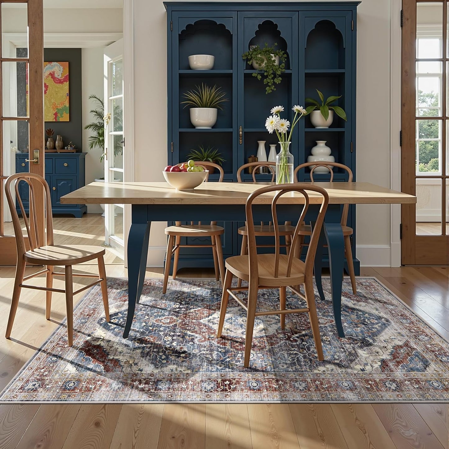 Boho Area Rug 4x6 Bedroom Rugs Ultra Soft Indoor Washable Rugs for Living Room Bedroom Laundry Room Decor, Low Pile Non-Slip Backing(Border Brown/Navy Blue)