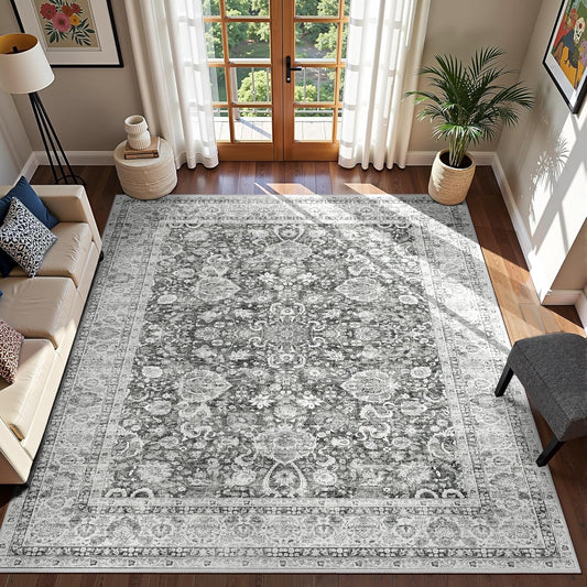 Deerly Area Rugs 9x12 Rug Living Room Distressed Area Rugs, Non Slip Large Washable Rugs for Bedroom Dining Room Office, Floor Decoration Big Rug Low-Pile Grey