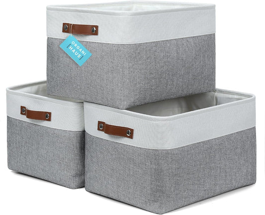 OrganiHaus Extra Large Fabric Storage Baskets for Shelves 3 Pack | 16x13in Closet Storage Bins for Shelves | Cloth Baskets for Organizing | Linen Closet Organizers | Fabric Storage Bin - Gray/White