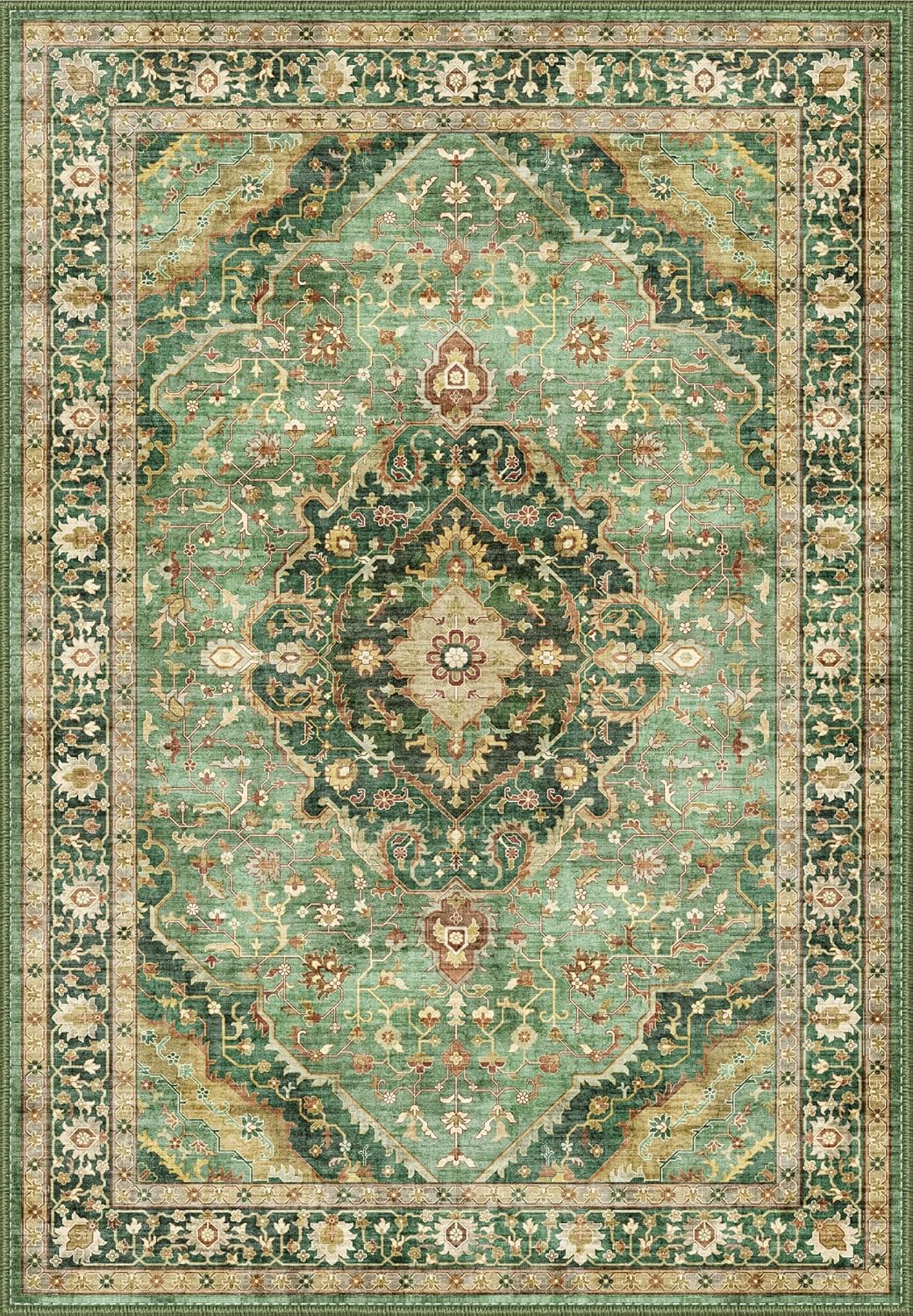 Green Rug 5x8 Area Rugs for Bedroom Washable Rugs Boho Vintage 5x8 Rug for Living Room Carpet Non-Slip Family & Pet Friendly Print Floor Rug(Border Green)