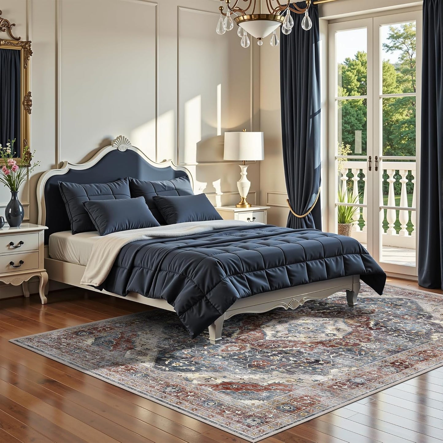 Rugs 5x7 Washable Rug, Non Slip Large Rug for Living Room Bedroom Dining Room, Low-Pile Kid & Pet Friendly Distressed 5x7 Carpet Print Floor (Border Brown/Navy Blue)