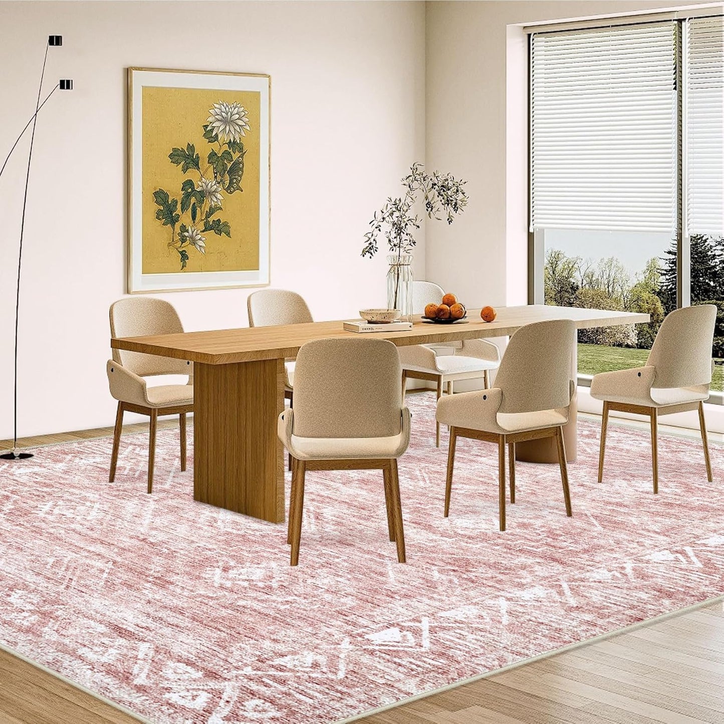 Large Living Room Area Rug 9x12 - Machine Washable Vintage Boho Moroccan Rugs Geometric Neutral Rug Non-Shedding Low Pile Distressed Farmhouse Carpet for Bedroom Nursery Classroom Dorm(9'x12',Pink)